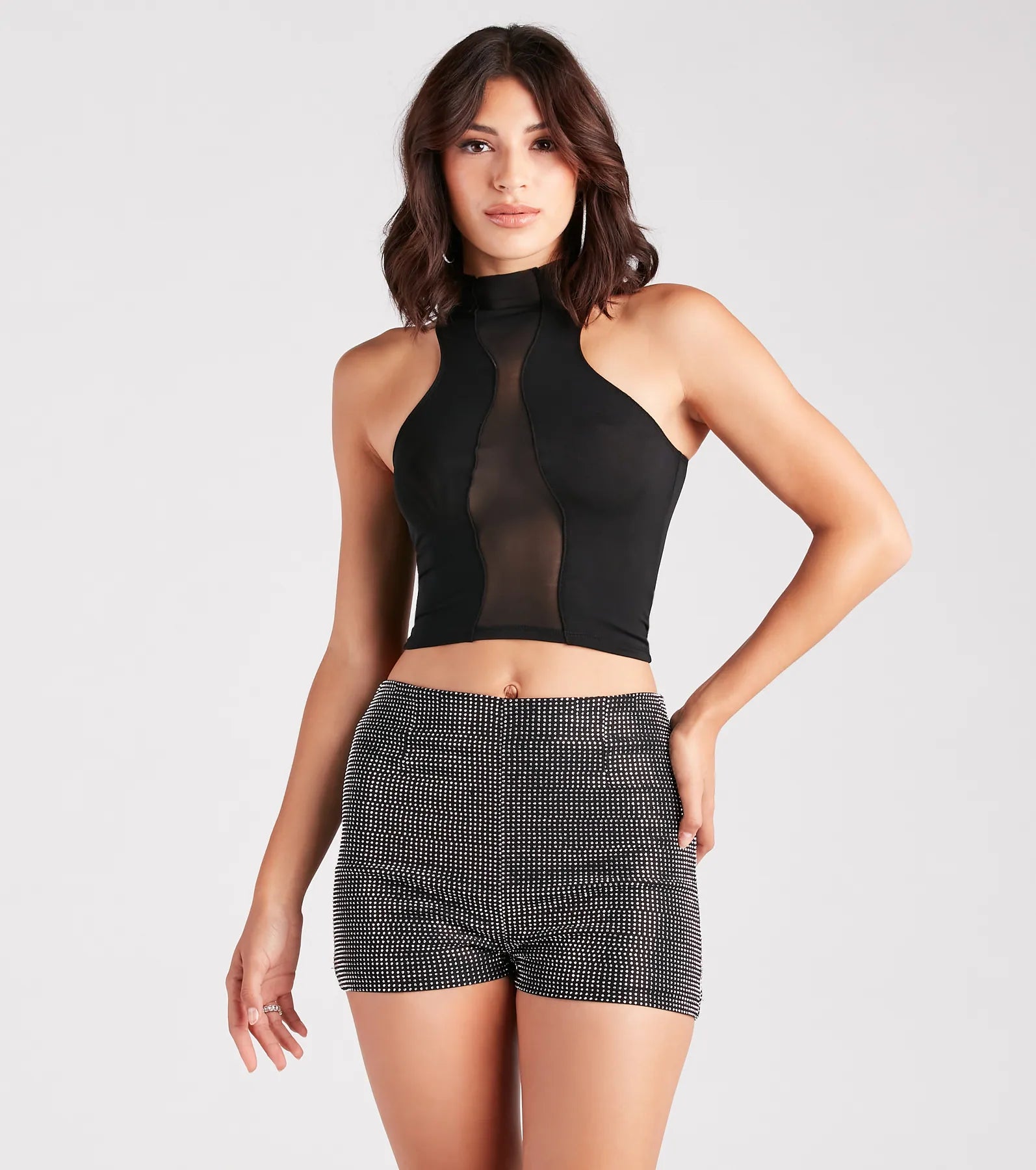 women's tops with sleeveless designsTrendy Silhouette Sheer Mesh Crop Top