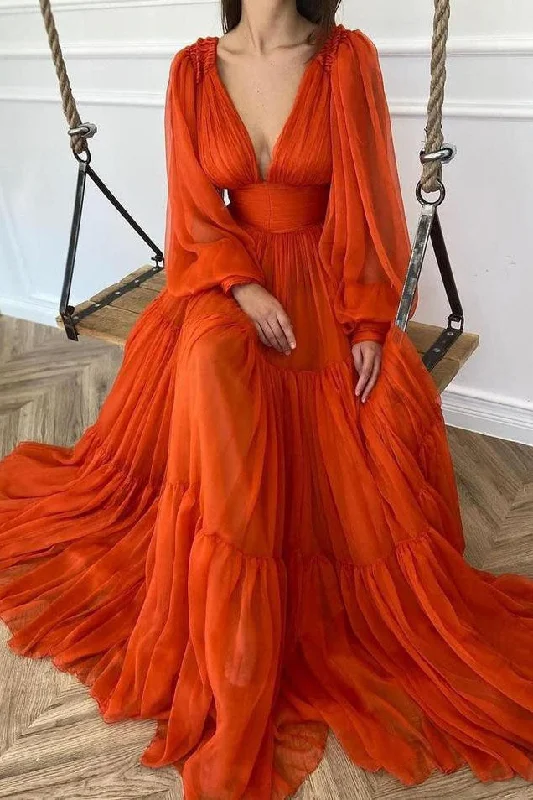 Formal DressLong Sleeves A-line Deep V Neck Orange Simple Prom Dress Maxi Dress OKV98