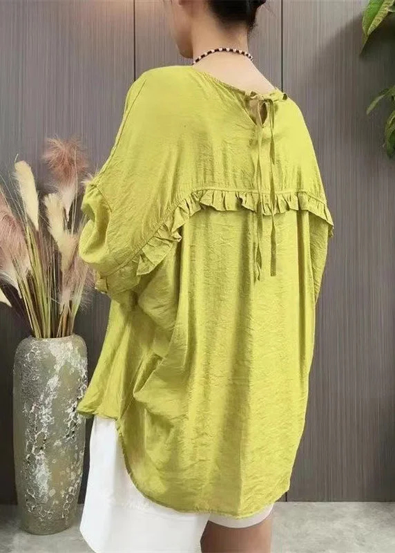 women's tops with geometric patternsWomen Green Ruffled Lace Up Linen T Shirt Batwing Sleeve