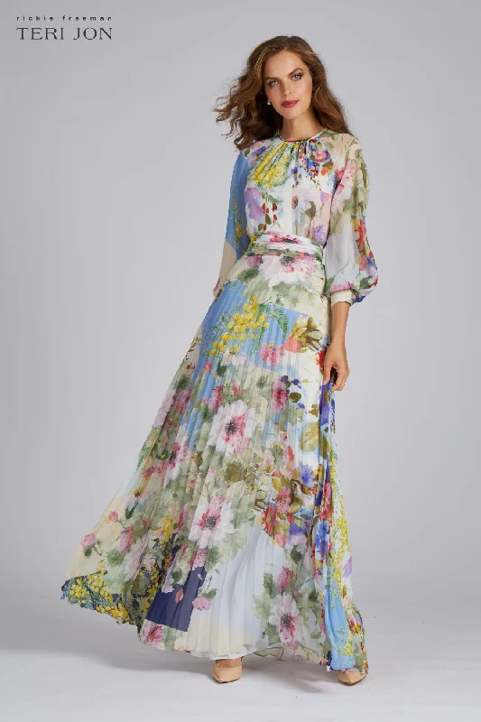 women's machine-washable dressesPatchwork Print Pleated Chiffon Maxi Gown