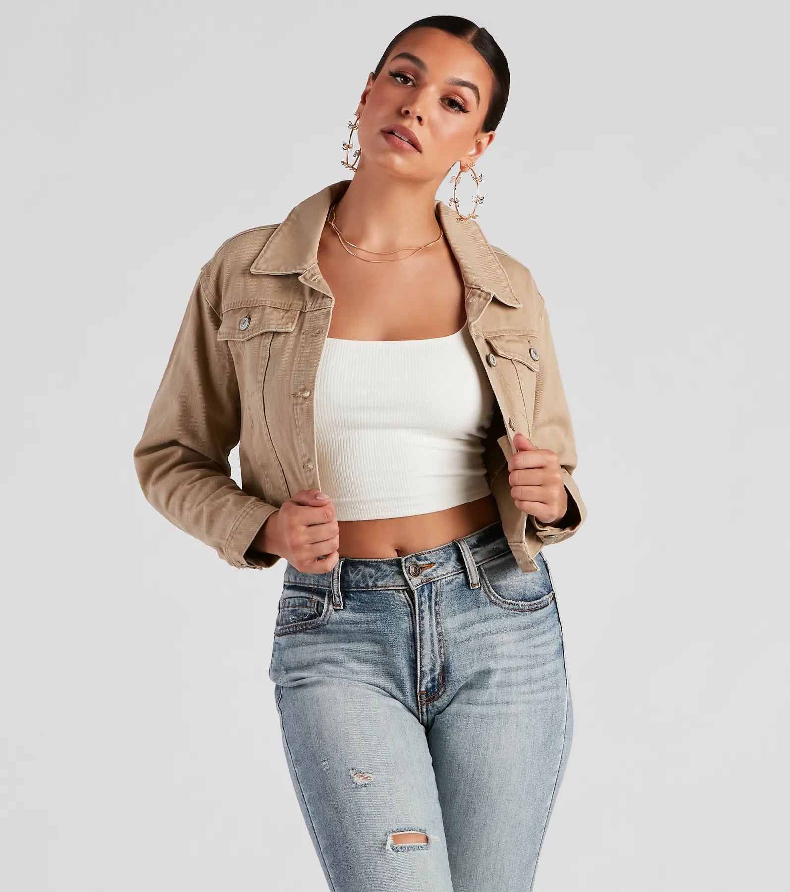 Casual Cropped Denim Trucker Jacket