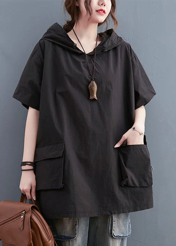 breathable women's tops for summerBlack Loose Cotton Sweatshirt Streetwear Hooded Pockets Summer