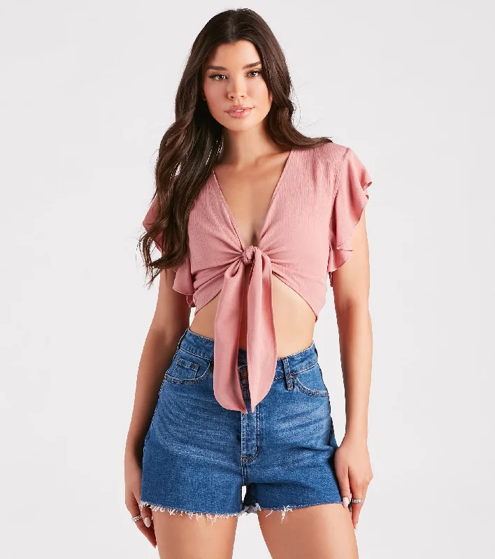 women's tops for those who want to show off their figure in a flattering wayFeeling Fluttered Tie-Front Crop Top