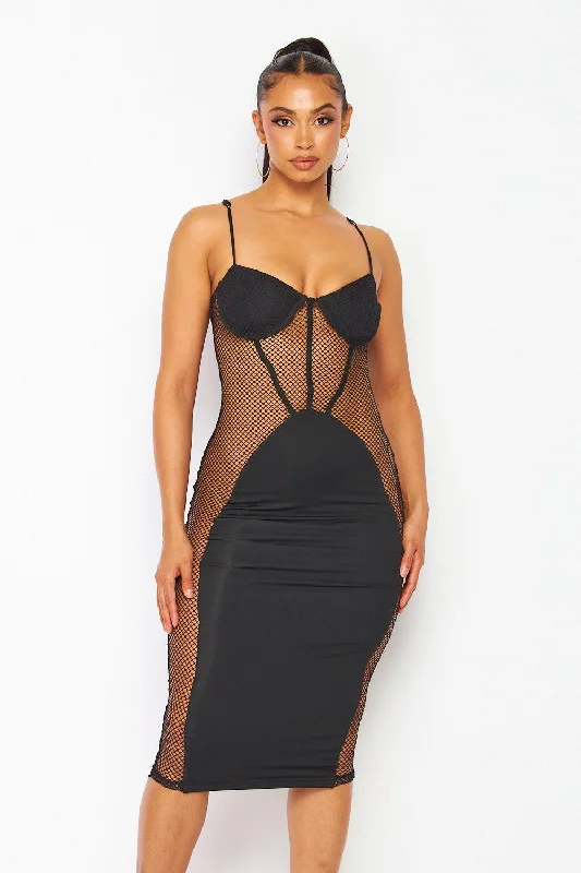 women's boho dressesSo Right Sheer Fishnet Corset Bodycon Midi Dress