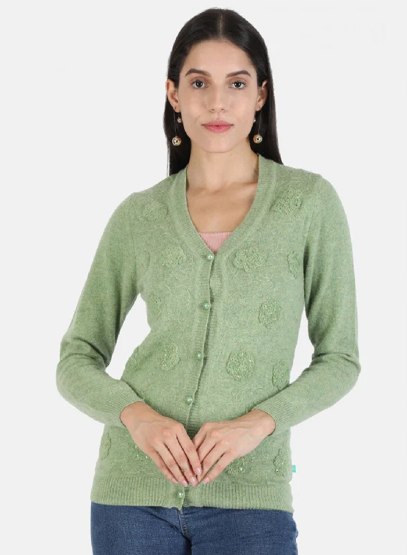 Cozy Custom Embellished SweatersWomen Green Self Cardigan