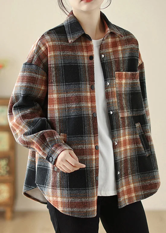 women's tops for those who want to create outfits that are both trendy and timelessCasual Loose Peter Pan Collar Plaid Warm Fleece Shirt Top Spring