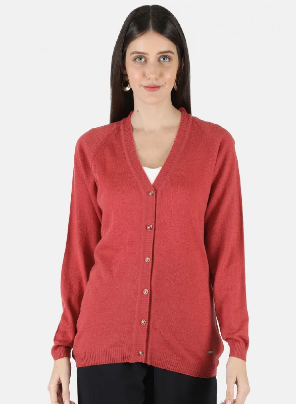 Soft Knitted SweatersWomen Red Solid Cardigan