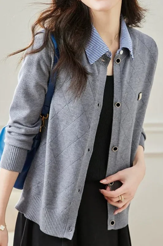 women's tops with ruffled hemsMixed Material Shirt Collar Striped Logo Embroidered Knit Cardigan - 3 Colors Available