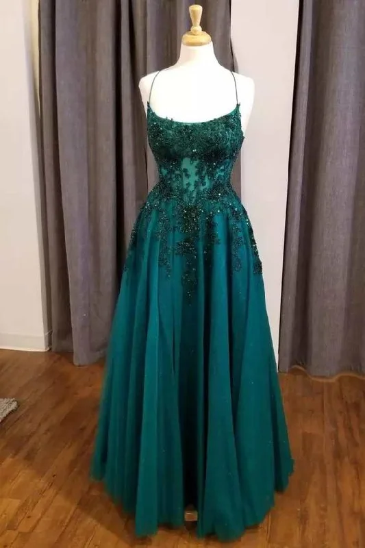 Leather DressHunter Green Floral Lace Scoop Neck A-Line Prom Dress Y5744