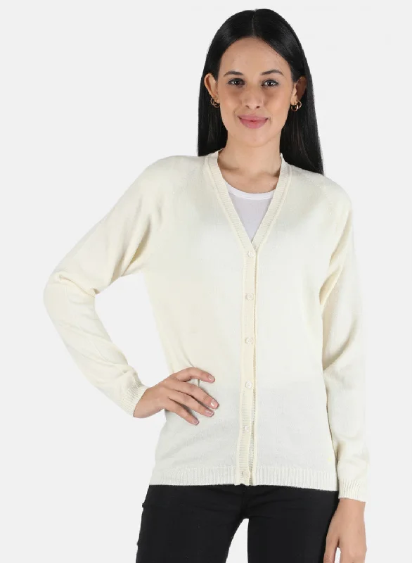 Retro Crewneck SweatersWomen Cream Solid Cardigan