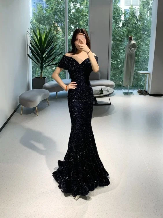 women's statement dressesOff The Shoulder Black Mermaid Prom Dress,Black Evening Dress  Y4022