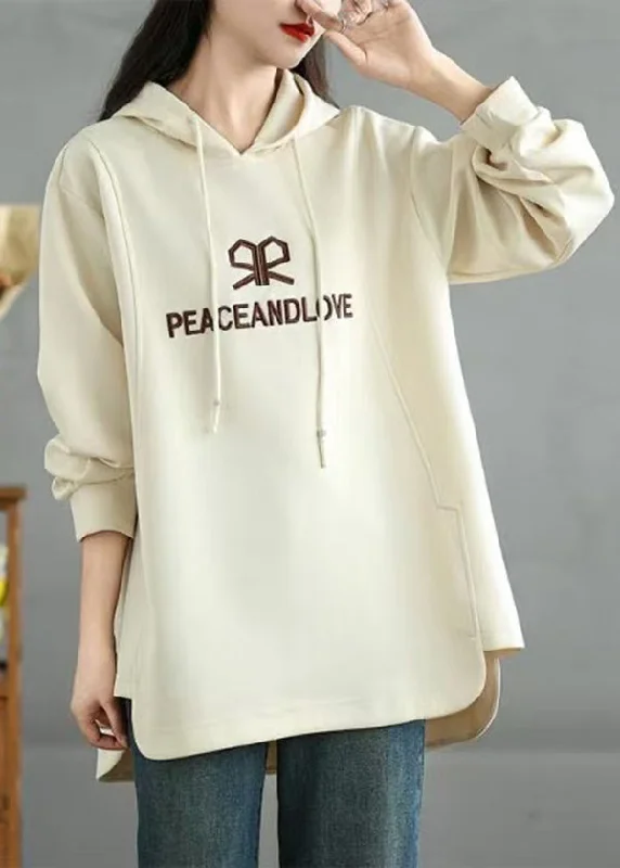 women's tops for those who want to make a bold fashion statement with their choice of topsFashion Beige Embroidered Graphic Cotton Sweatshirts Top Spring