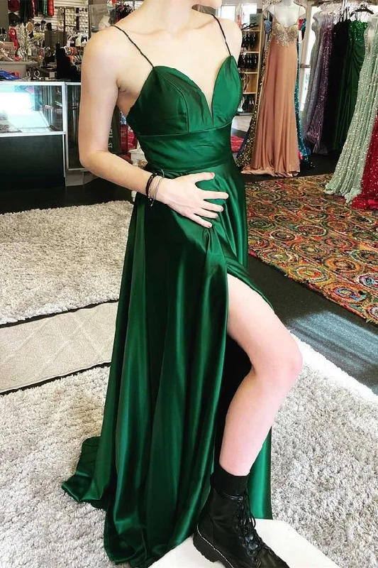 women's retro dressesGreen V-Neck Empire Waist A-Line Prom Dress with Slit Y5637