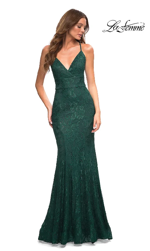 women's easy-to-wear dressesLa Femme Stretch-Lace Long Prom Dress with Train