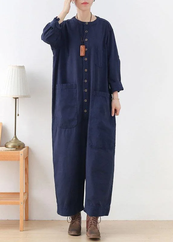 Modern Blue Loose Pockets Fall Button Denim Romper Sets