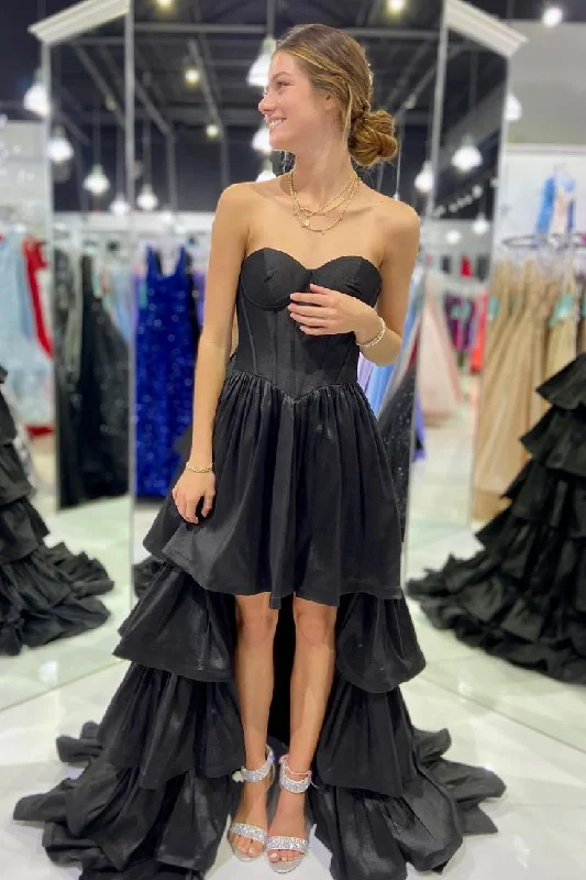 women's one-shoulder dressesSweetheart Tiered Hi-Low Long Prom Dress Y5681