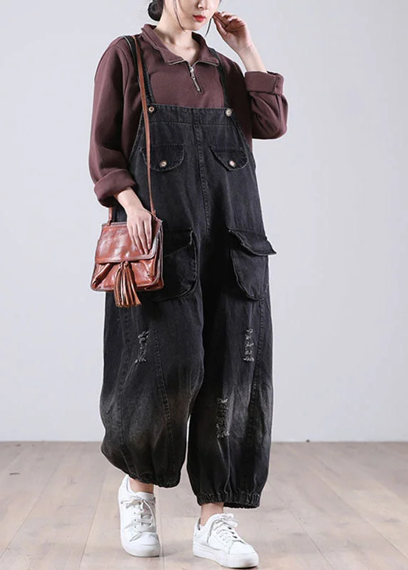 Beautiful Black Pockets Button Fall Hole Denim  Outfits Rompers