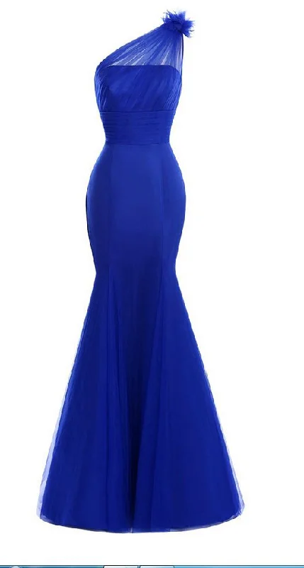 Neon DressAsymmetric One Shoulder Fur Long Prom Dress, Chic Royal Blue Fit And Flare Prom Dress Y5739