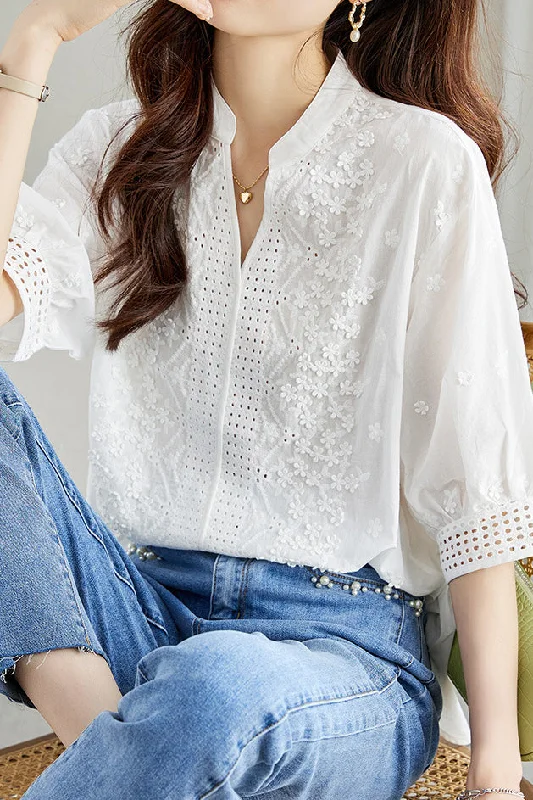 luxury women's topsCut-out embroidered solid-color shirt