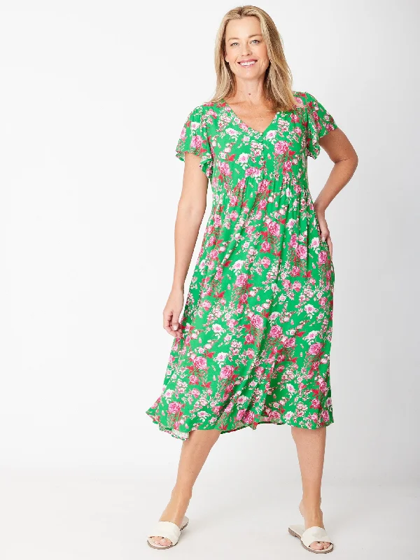 Sheath DressMaxi Flounce Dress- Green Floral 30581