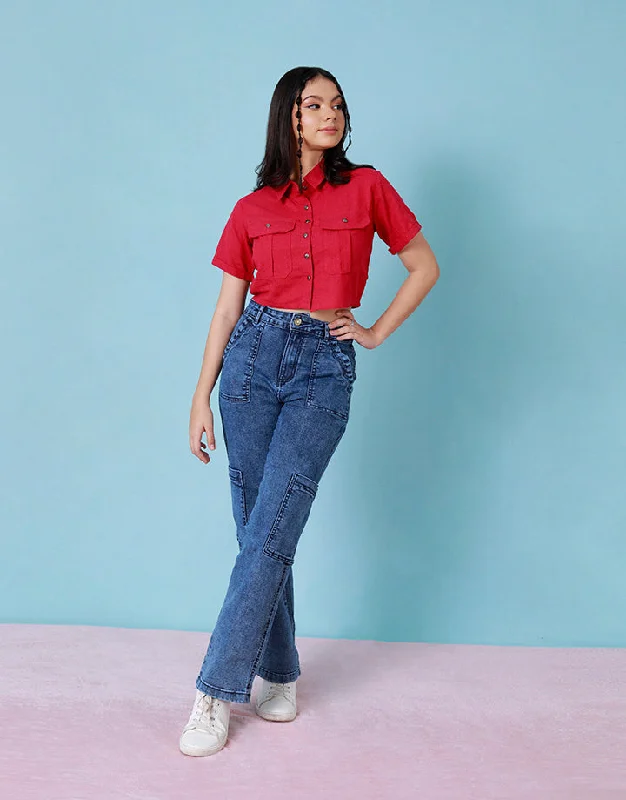 women's tops for those who refuse to compromise on styleShort Sleeves Crop Shirt with Pockets