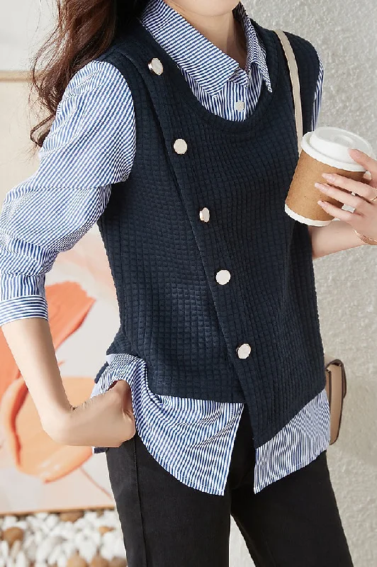 women's tops with floral printsLayered Look Side Button Decorated Check Contrast Stripe Shirt