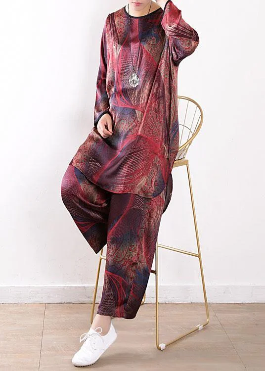 women's cool pants2024 Summer New Red Print Chiffon Suit Loose Shirt + Wide Leg Pants