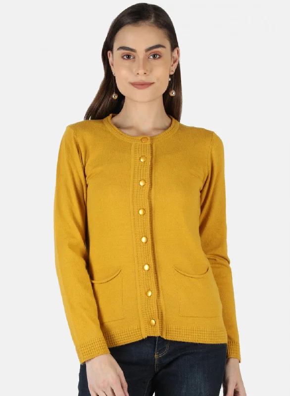 Thick Cashmere SweatersWomen Mustard Self Design Cardigan