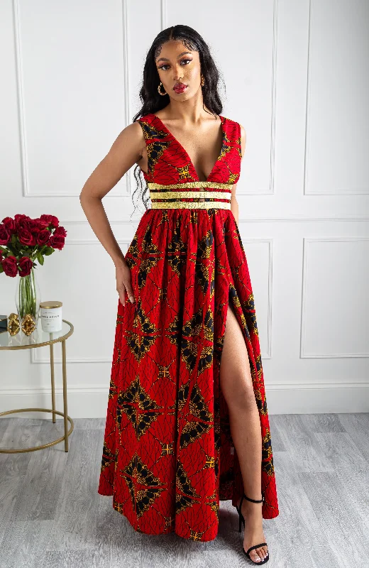 women's spaghetti strap dressesRed Ankara Plunge Neckline Maxi Dress - CORDELIA