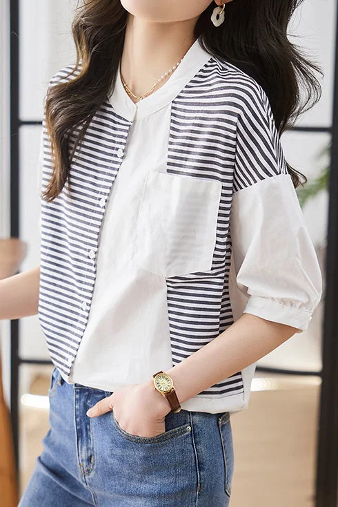 women's tops with cinched waistsBand Collar Asymmetrical Striped Pattern Contrast Shirt