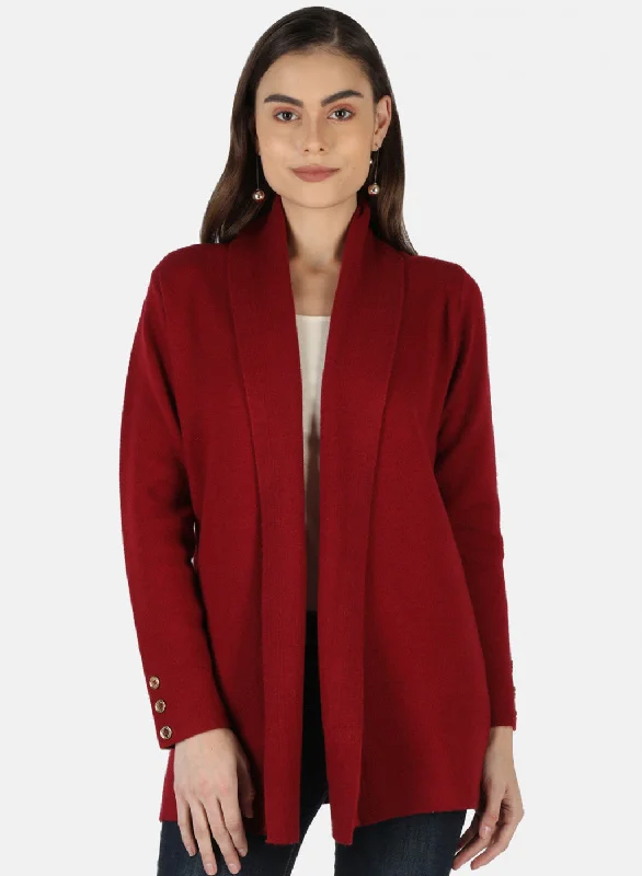 Turtle-Neck Wool SweatersWomen Maroon Self Design Cardigan