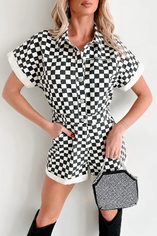 Off To The Races Denim Checker Print Romper (Black)