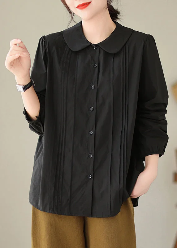 women's tops for creating capsule wardrobesBlack Loose Cotton Shirts Tops Peter Pan Collar Wrinkled Spring