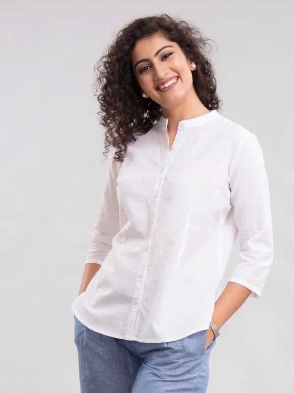 women's tops for those who want to add a touch of elegance and sophistication to their everyday wearCotton Mandarin Collar Shirt - White