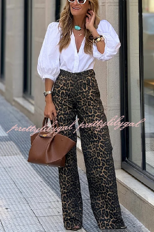 women's denim jeans for a night outWild Feel Denim Leopard Print High Rise Wide Leg Pocketed Jeans