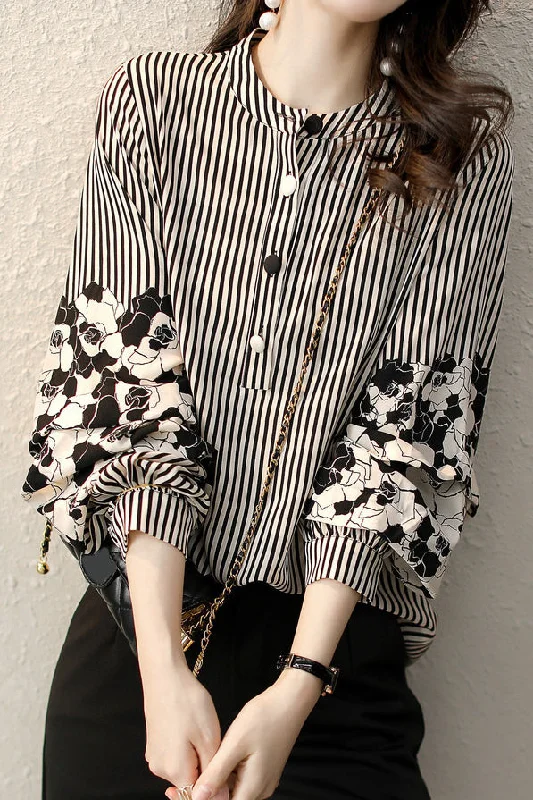 women's tops for maximalist fashion loversStriped lantern-sleeve shirt that is slimming and all-match