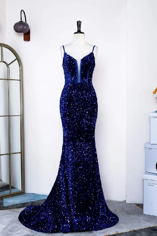 Ribbon DressRoyal Blue Sequins Spaghetti Straps Mermaid Long Prom Dress Y5734