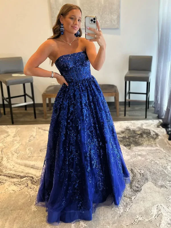 Empire DressBlue A line tulle sequin long prom dress, blue tulle evening dress Y3065