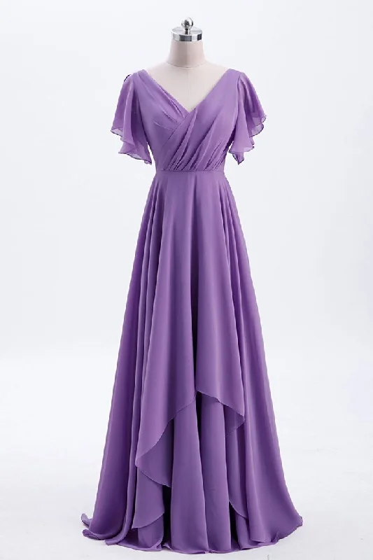 Floral DressFlutter Sleeves Lavender Chiffon A-line Long Bridesmaid Dress,Simple Prom Dress Y5583