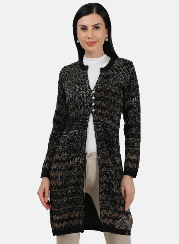 Knitted Crewneck SweatersWomen Black Solid Cardigan