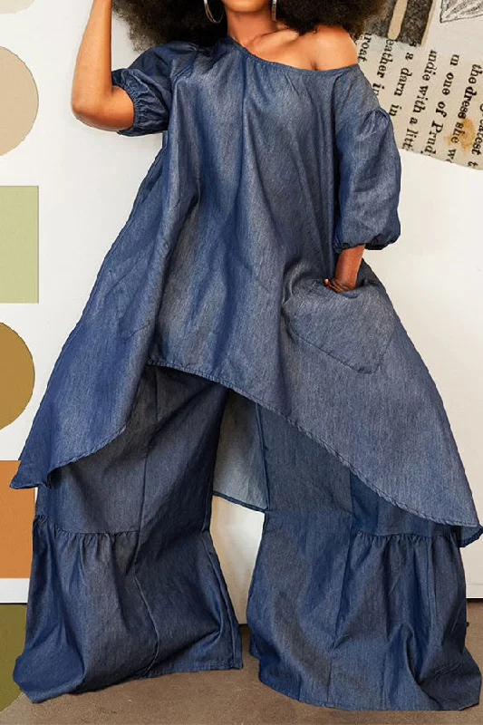 Denim On-trend Irregular Top & Ruffle Pant Suit