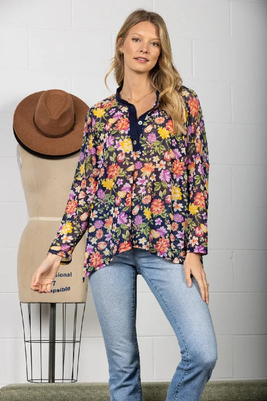 women's tops for those who want to add a personal touch to their wardrobe with unique and one-of-a-kind piecesNAVY MANDARIN COLLAR SILHOUETTE TOP-T7538