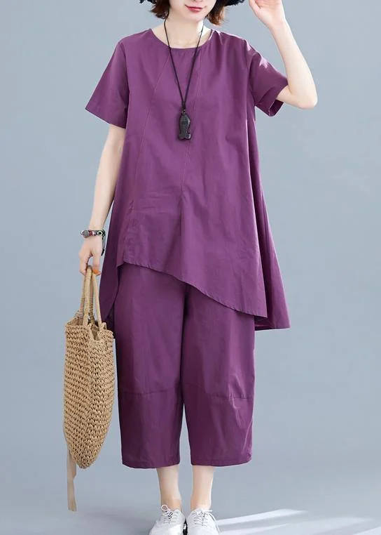 women's tops for those who value both quality and affordabilitySummer new loose large size women's purple fashion irregular short-sleeved shirt + pants casual cotton and linen