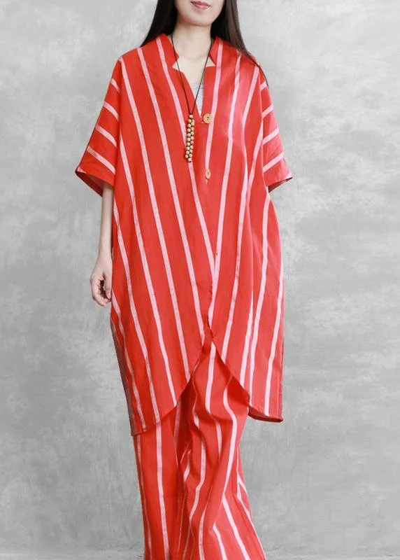 women's tall pantsWomen's loose suits, wear more red stripes stitching shirts, casual wide-leg pants