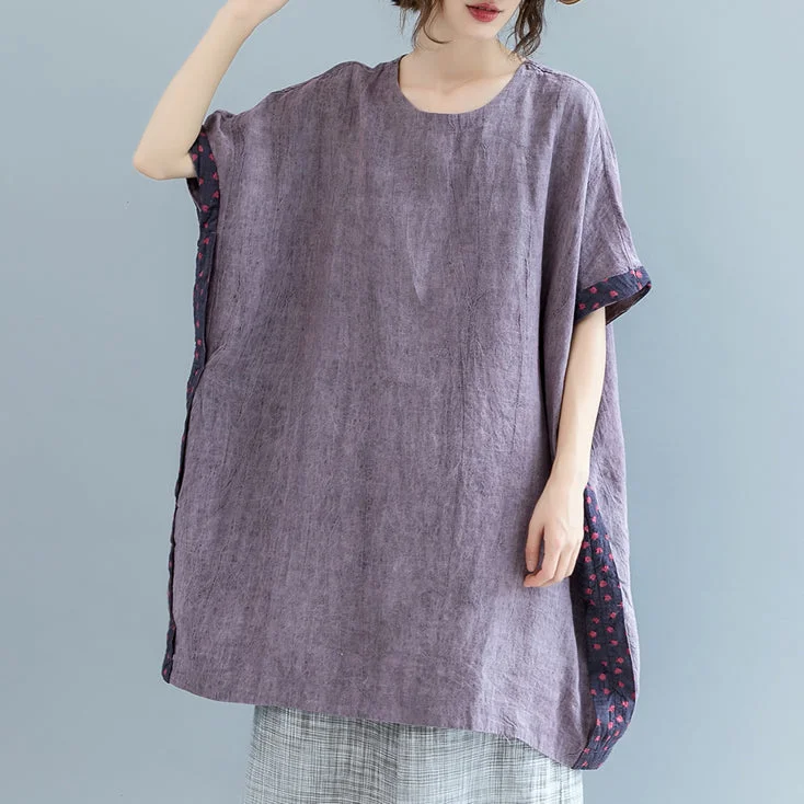 women's tops for those who want to add a bit of flair and personality to their looksFine purple pure linen tops Loose fitting casual cardigans boutique batwing sleeve O neck patchwork cotton clothing