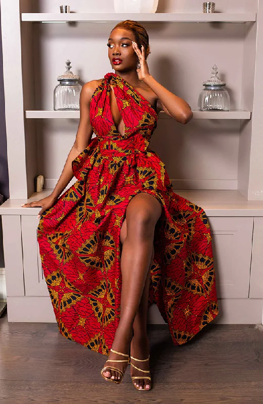 women's off-the-shoulder dressesAfrican Print Red Multiway Infinity Maxi Dress - Cordelia