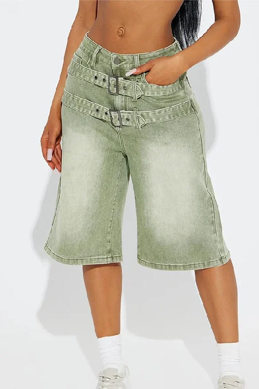 Gradient Washed Denim Unique Casual Wear Belted Shorts