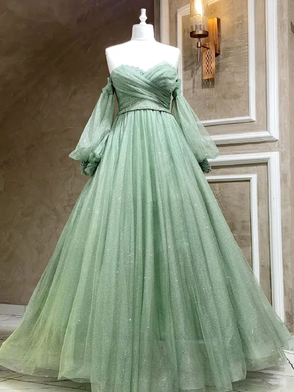 Lace DressA-Line Sweetheart Neck Tulle Green Long Prom Dress, Green Formal Evening Dress Y3033