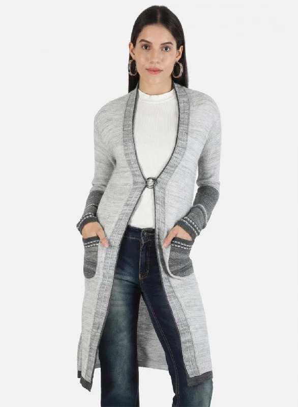 Fashionable Funky Hooded Cashmere SweatersWomen Grey Self Cardigan