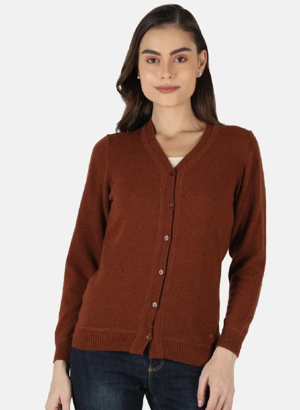 Extra-Large Knitted Crewneck SweatersWomen Brown Solid Cardigan